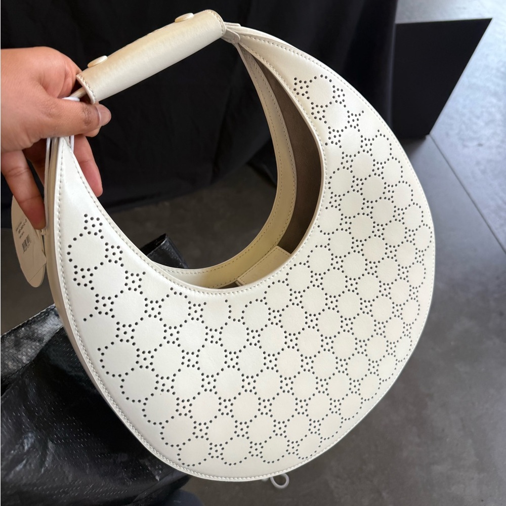 AUTH NWT $350 STAUD Moon Perforated Pattern Top Handle Leather Tote